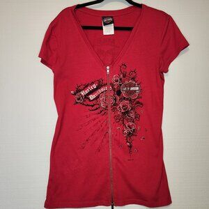Harley-Davidson Women's Red Zip-Up Graphic Tee – XL